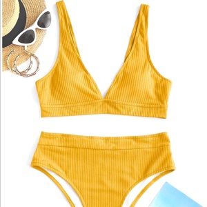 Yellow ZAFUL High Waisted Ribbed Plunge Bikini